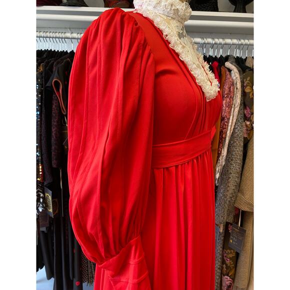 vintage 1970s red victorian style maxi dress lace bib balloon sleeves small - Picture 4 of 10